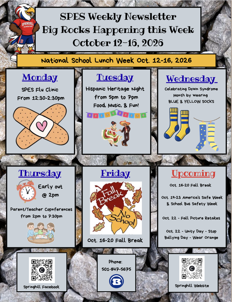Weekly school newsletter with various activities for the week, including a flu clinic, Hispanic Heritage night, and Parent-Teacher conferences.