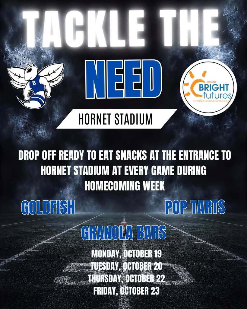 Poster with text "Tackle the Need" and image of a bee. Dates and snack information below.