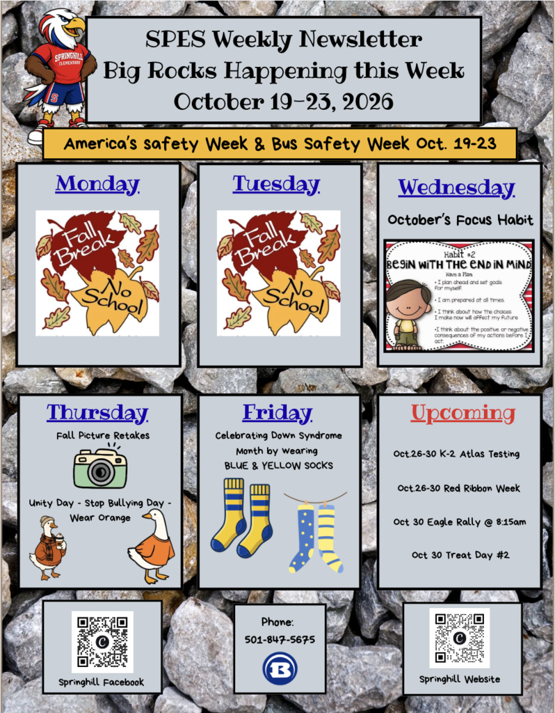 A newsletter page with text and icons about safety and events. Dates are October 19-25, 2026.