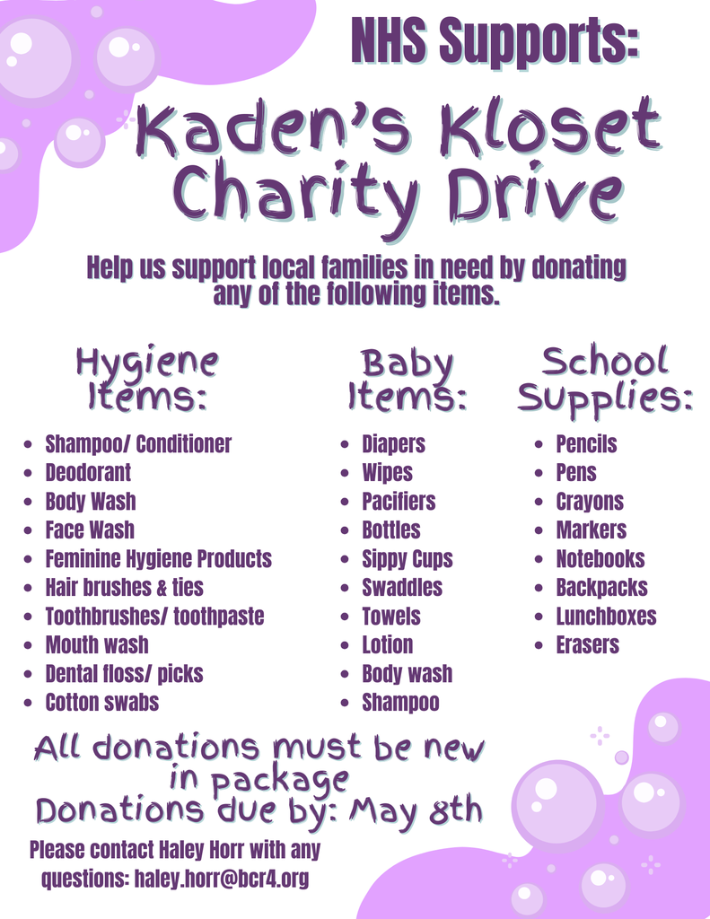 Kaden's Kloset Charity Drive List