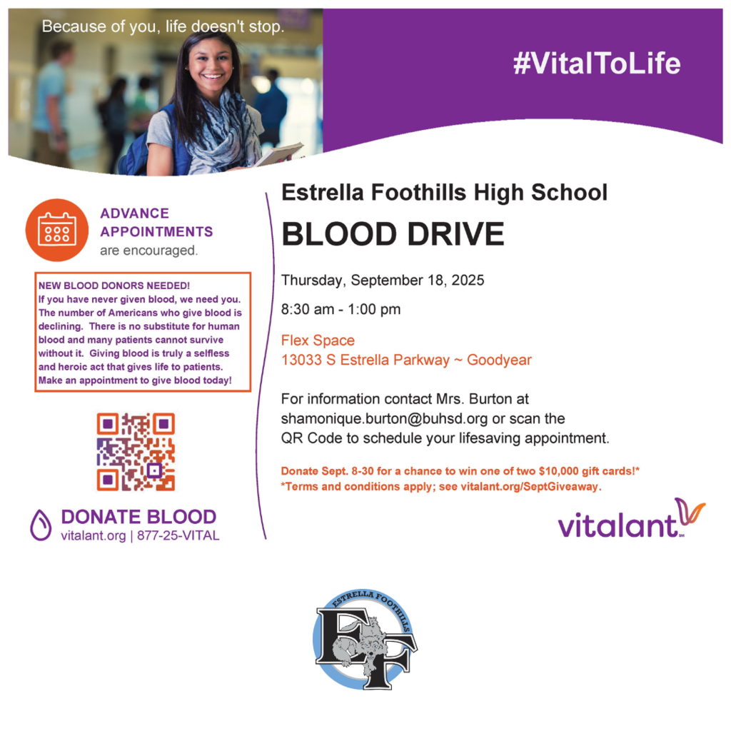 Blood Drive September 18, 2025 @ Estrella Foothills High School