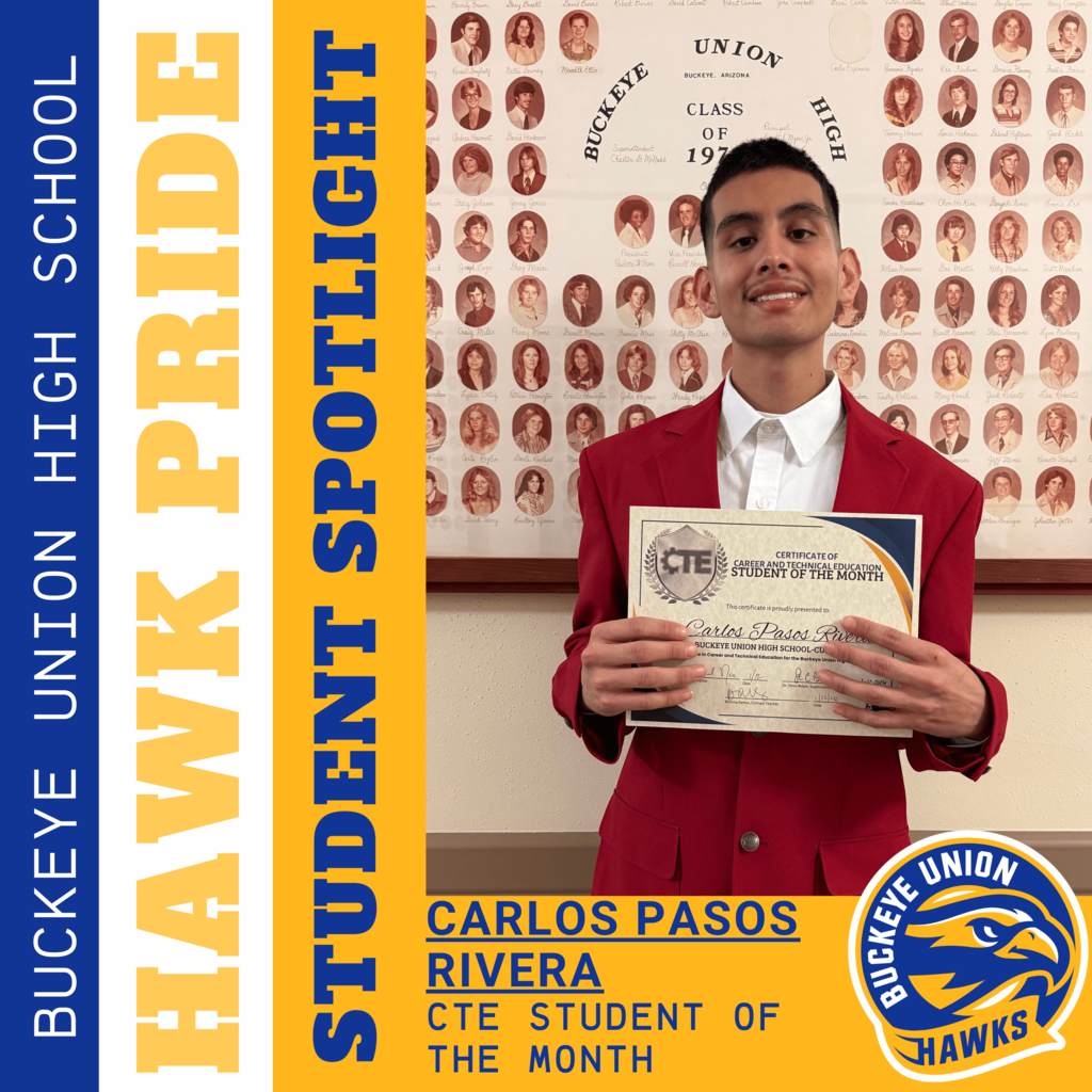 CTE Student of the Month Carlos posing with her certificate