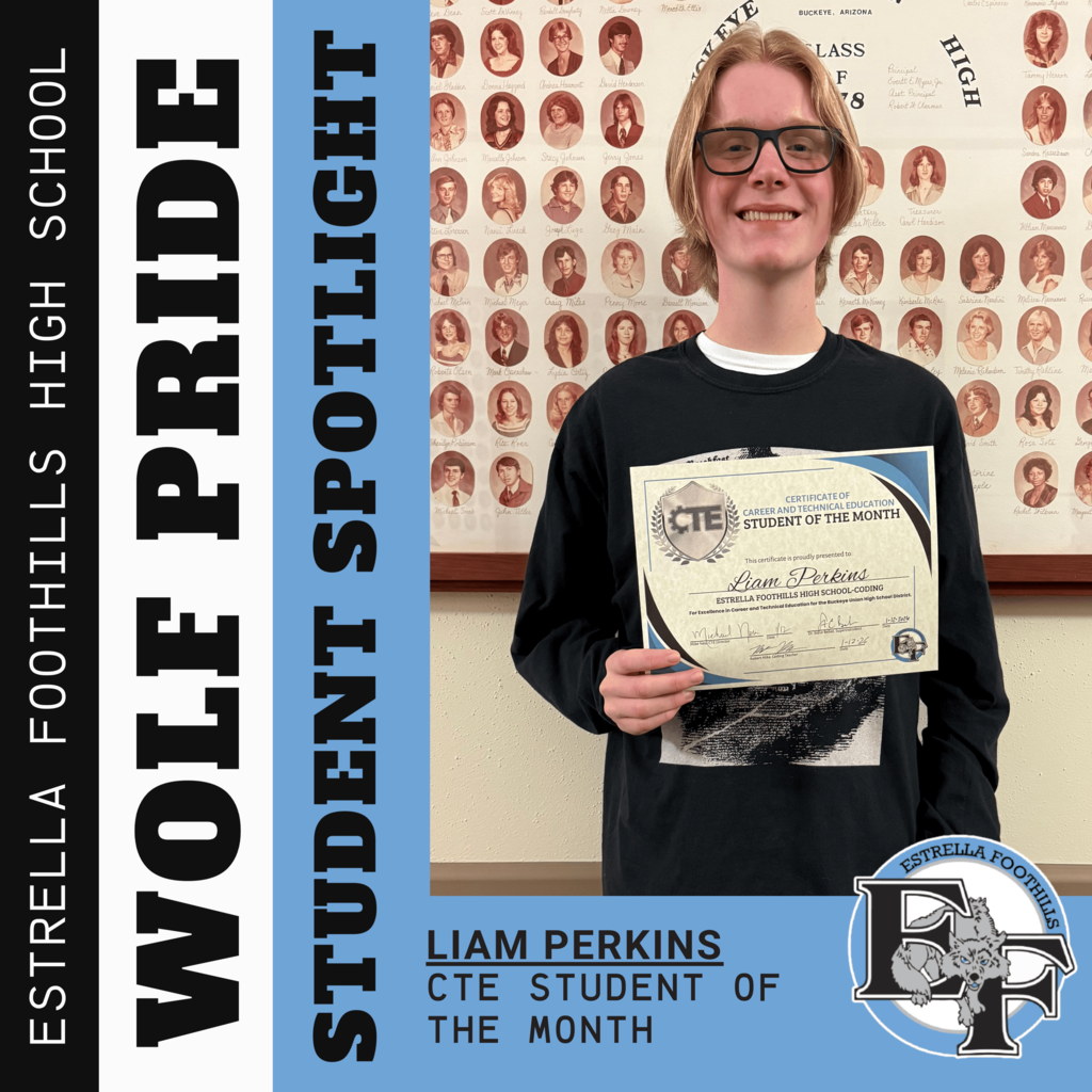 CTE Student of the Month Liam posing with her certificate