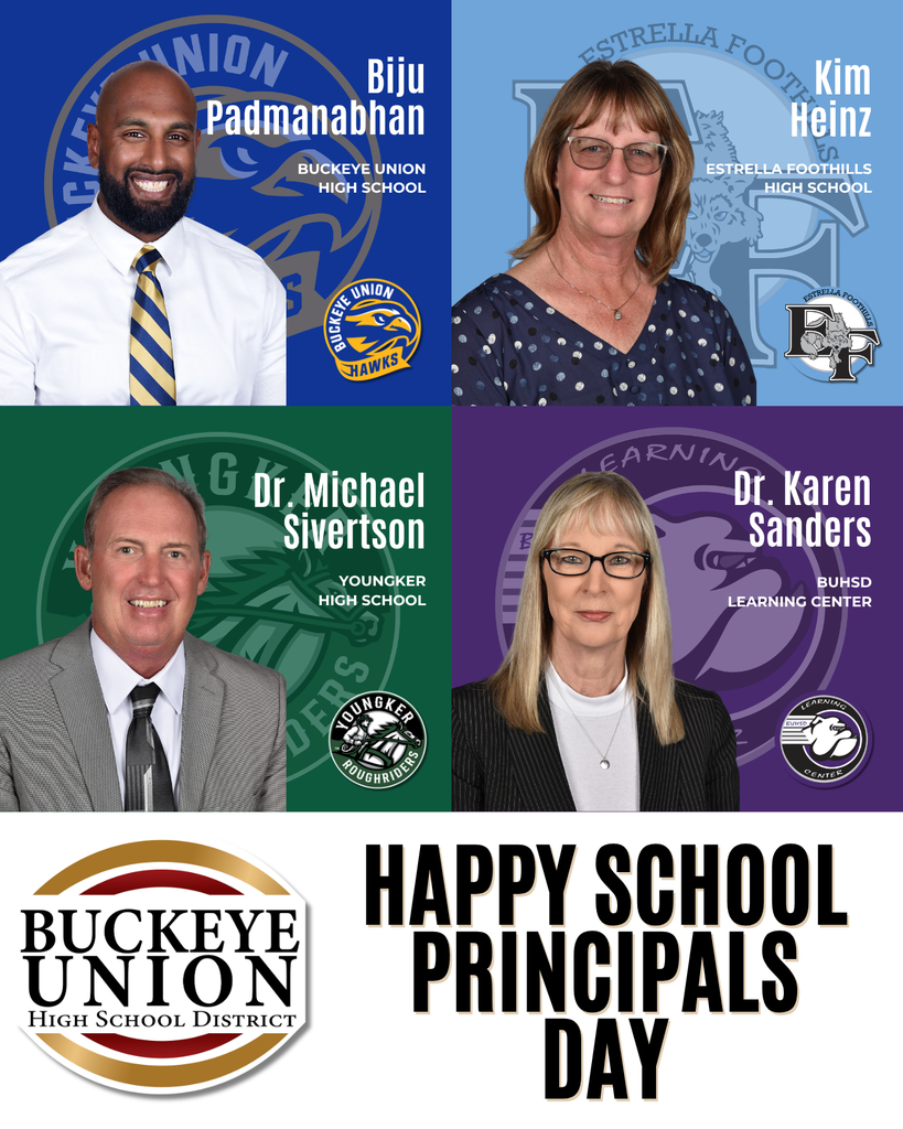 Four smiling adults, two men and two women, all wearing glasses. They are wearing ties and blazers. Text reads "Happy School Principals Day".