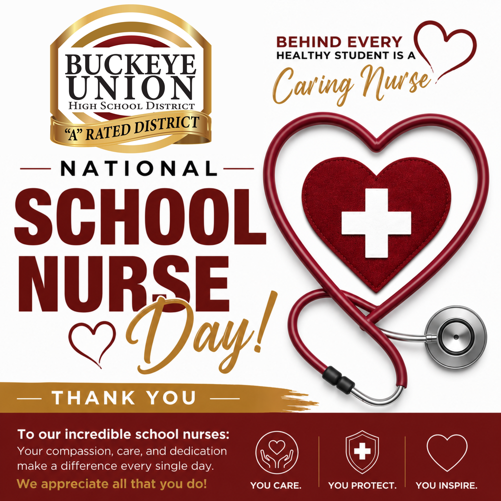 Poster for National School Nurse Day features a heart with a stethoscope and a red cross.