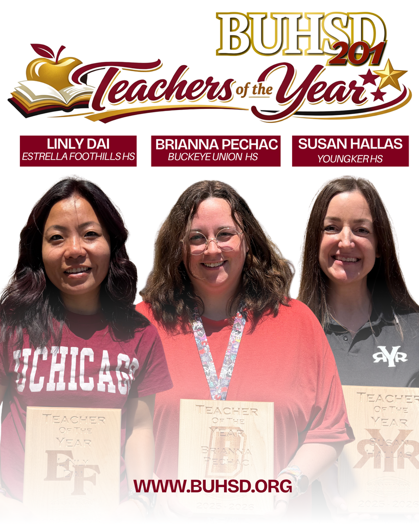 Three women wearing red shirts stand together, each holding a certificate. Text reads "Teachers of the Year" and names.