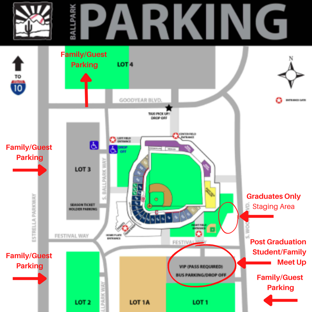 A parking map shows different lots for families and graduates. Arrows point to areas and a baseball field.