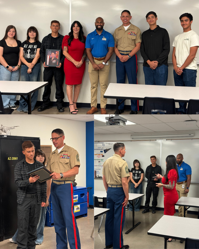 Four photos of people standing in a room, some in uniforms, others in civilian clothes. People are standing behind tables.