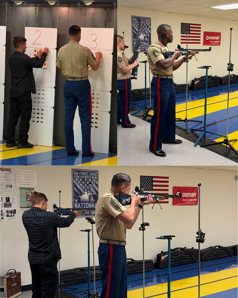 Four images of military personnel and a coach in a training facility. One image shows a soldier holding a rifle.