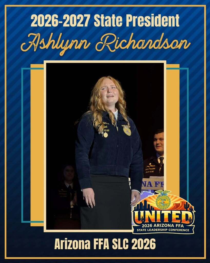 A blue and gold card displays a photo of a woman wearing a navy blue jacket and black skirt. The card reads "2026-2027 State President Ashlynn Richardson."