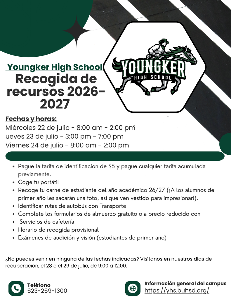 Flyer for Younger High School's record-keeping event on July 22-23 and July 24, 2027. Includes times, ID fee, and forms.