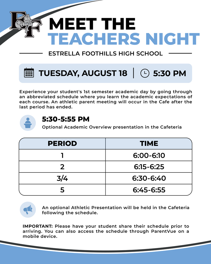 An event flyer for "Meet the Teachers Night" at Estrella Foothills High School, scheduled for August 18 at 5:30 PM.