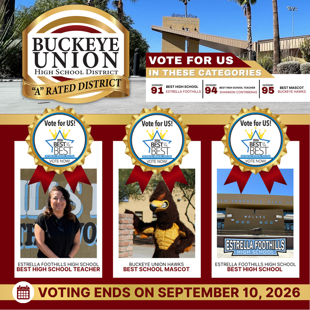 Banner with Buckeye Union High School logo. Three voting categories with mascot and teacher photos. Voting ends September 10, 2022.
