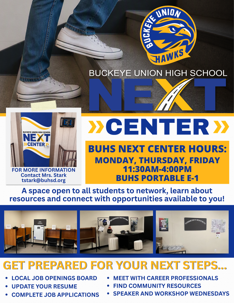 An ad for Buckeye Union High School Next Center shows a person stepping up stairs. Hours: Mon, Thu 11:30-4, Fri 11:30-4. E-1.