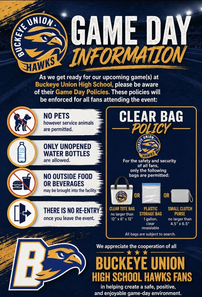 Poster featuring Buckeye Union High School's Game Day information. It includes rules like no pets, only uncapped water bottles, and no outside food.