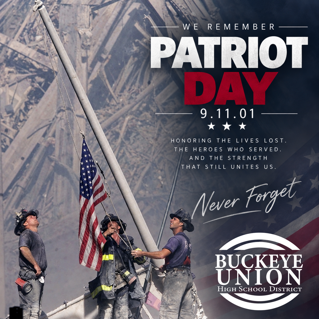 Poster shows three first responders raising an American flag. In the background, smoke rises from the Twin Towers.