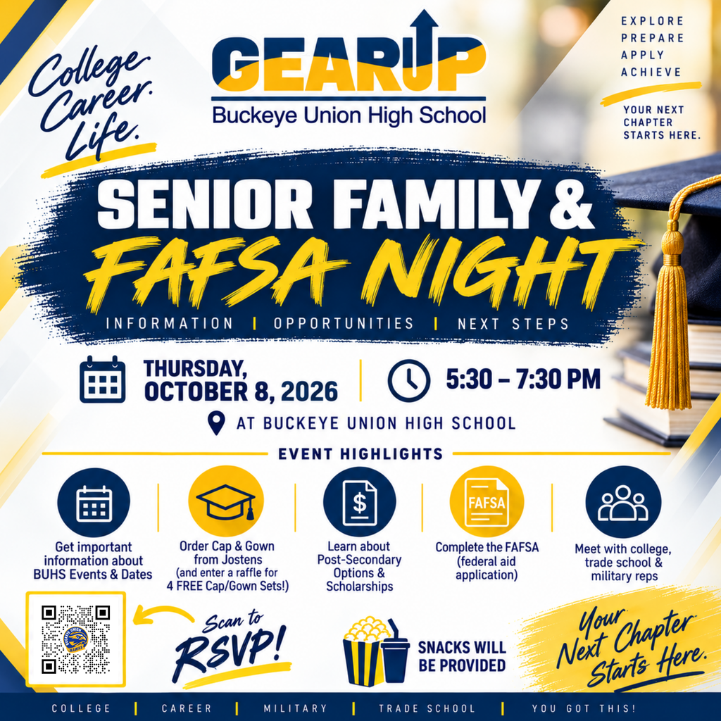 Poster with blue and yellow background. It reads "Senior Family & FAFSA Night" with event details and highlights.