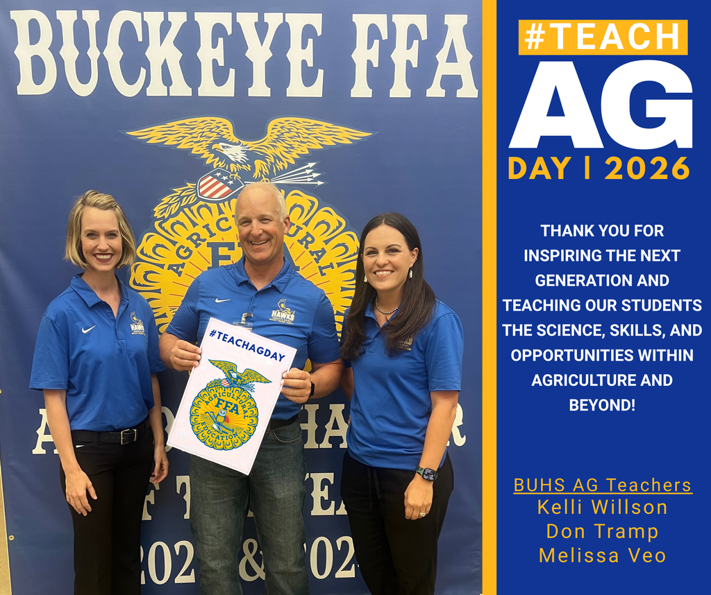 Three adults in blue shirts stand behind a banner reading "Buckeye FFA #TEACH AG DAY 2026" and one holds a sign.