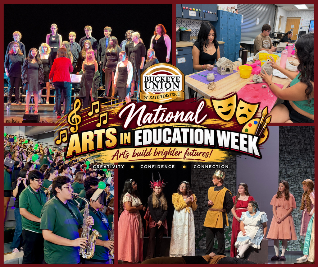 Collage of students in school activities, including a choir on stage, an art class, and a drama club.