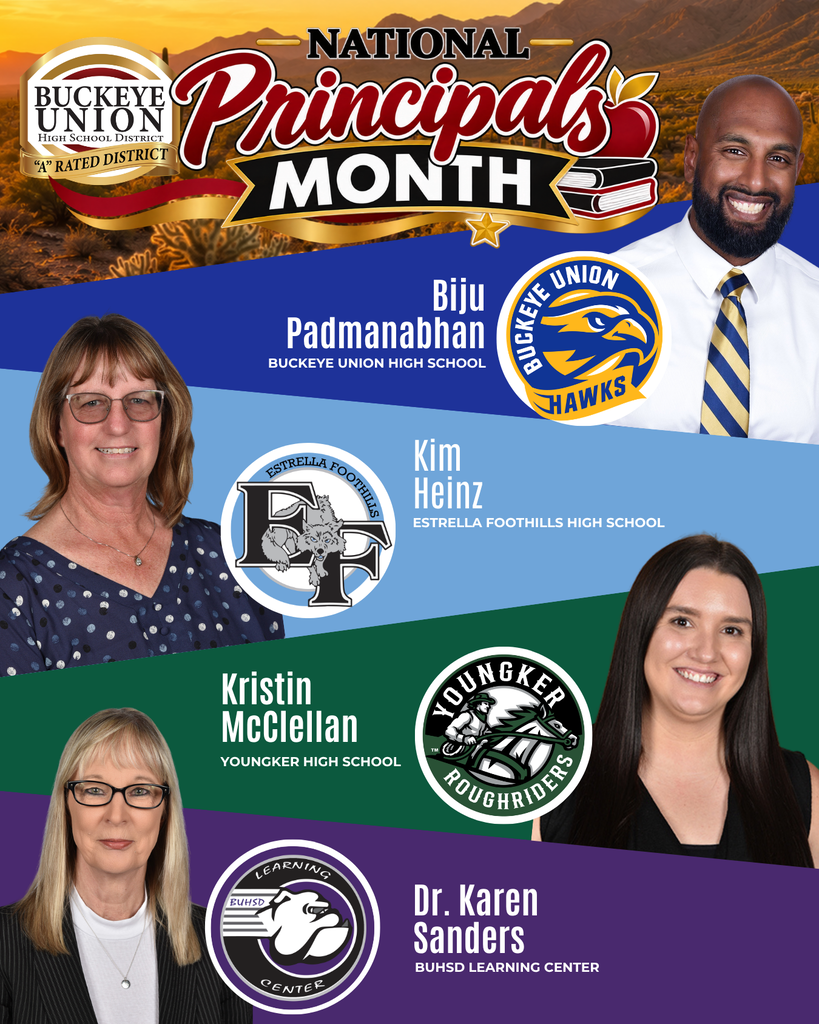 Four principals in colorful banners with the text National Principals Month. Two women and two men with their names.