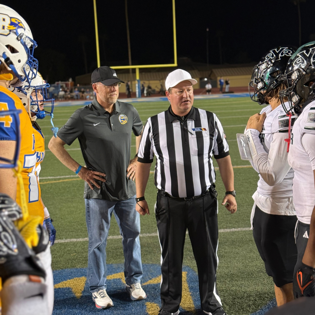 A football game at night. A referee converse with players on the field.