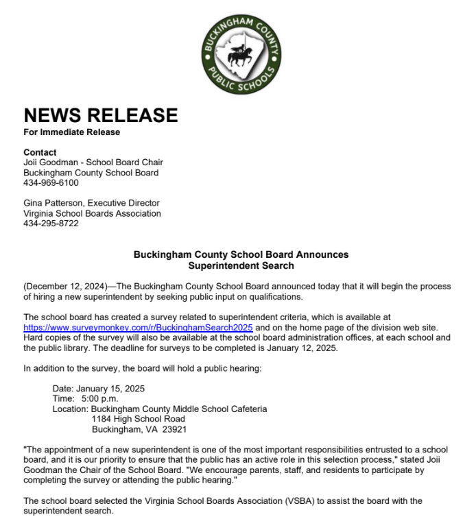 Buckingham County School Board Announces Superintendent Search 