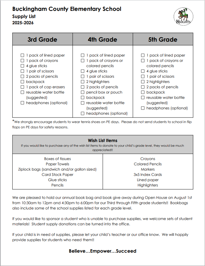 2025-2026 Back to School List