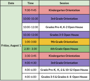 Open House and Orientation Schedule