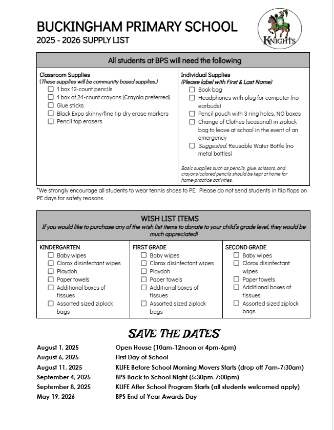 BPS Supply List  and Save the Dates