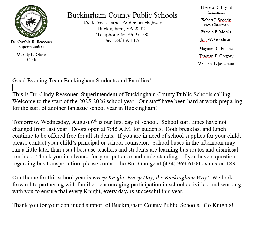 Back to School Message to Families- 8-5-25