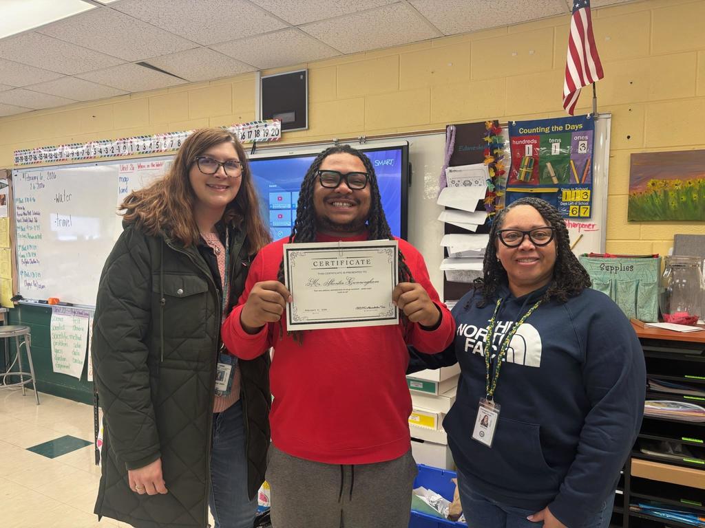 Shontez Cunningham - Para-Educator of the Week!  Pictured with Stephani Jones & Faith Jones
