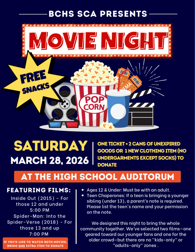 BCHS SCA Movie Night Flyer - Saturday, March 28, 2026