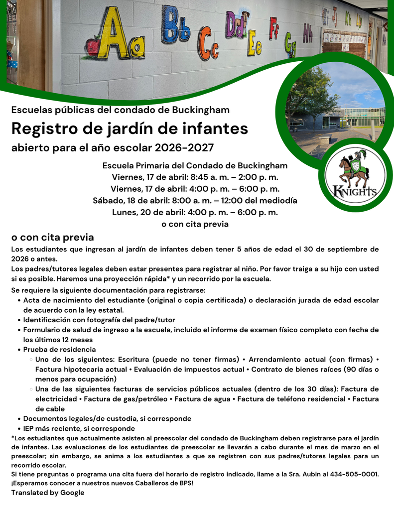 Spanish version of Kindergarten Registration Flyer with dates and documentation needed