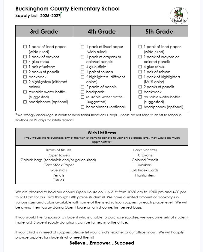 2026-2027 Supply List