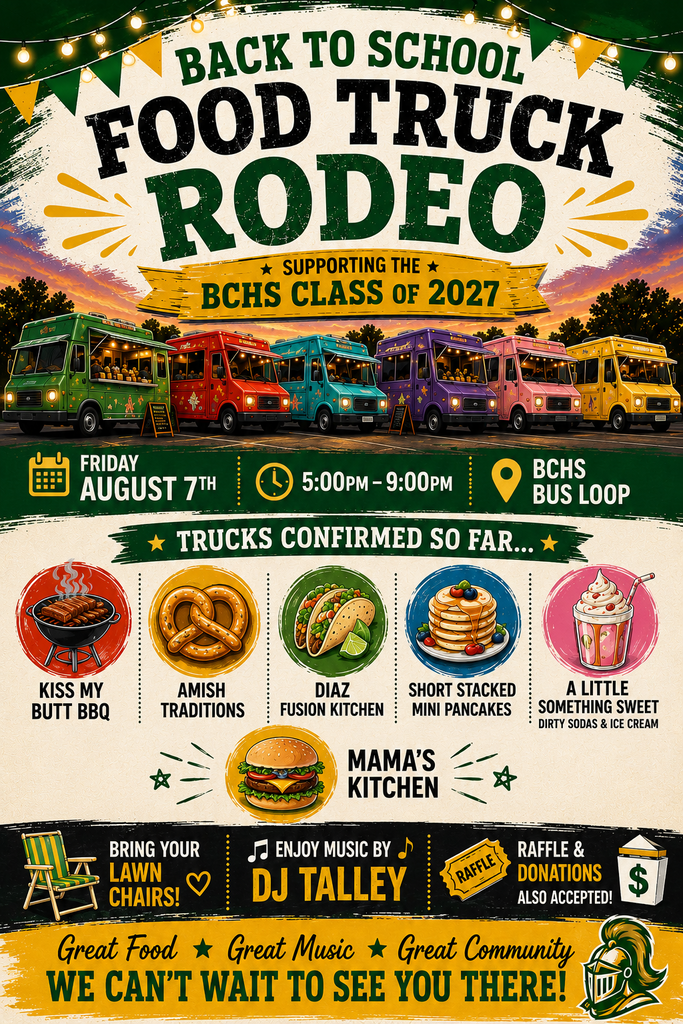 🎉 THIS FRIDAY! 🎉  Looking for Friday night dinner plans? We've got you covered!  Join us for the Back to School Food Truck Rodeo and help support the Buckingham County High School Class of 2027!  📅 Friday, August 7 🕔 5:00 PM – 9:00 PM 📍 BCHS Bus Loop  🚚 Come hungry! We'll have an incredible lineup of food trucks: 🍖 Kiss My Butt BBQ 🥨 Amish Traditions (don't miss the soft pretzels!) 🌮 DIAZ Fusion Kitchen 🥞 Short Stacked – Mini Pancakes 🍔 Mama's Kitchen 🥤🍦 A Little Something Sweet – Dirty Sodas & Ice Cream  🎧 Enjoy music from DJ Talley all evening! 🪑 Bring your lawn chairs, relax with family and friends, and enjoy a great night together. 🎟️ Enter our raffle for a chance to win great prizes! 💚 Donations are appreciated and help support the BCHS Class of 2027.  Skip the cooking, support local food trucks, and help make a difference for our students. We can't wait to see our community come together for an evening of great food, great music, and great company!  📣 Invite your friends, share this post, and we'll see you Friday!  #BCHS #ClassOf2027 #FoodTruckRodeo #SupportOurStudents #BuckinghamCounty #FridayNight #EatLocal #CommunityStrong