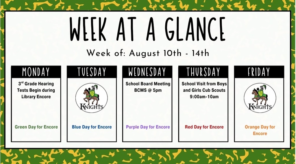 BES Week at a Glance graphic all info included in the graphic is in the post text