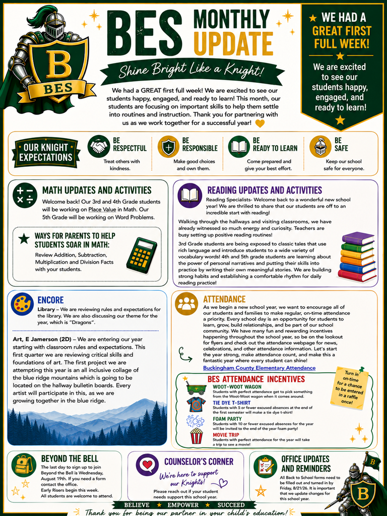 BES August Monthly Update Flyer - All information in the flyer is in the text of the post