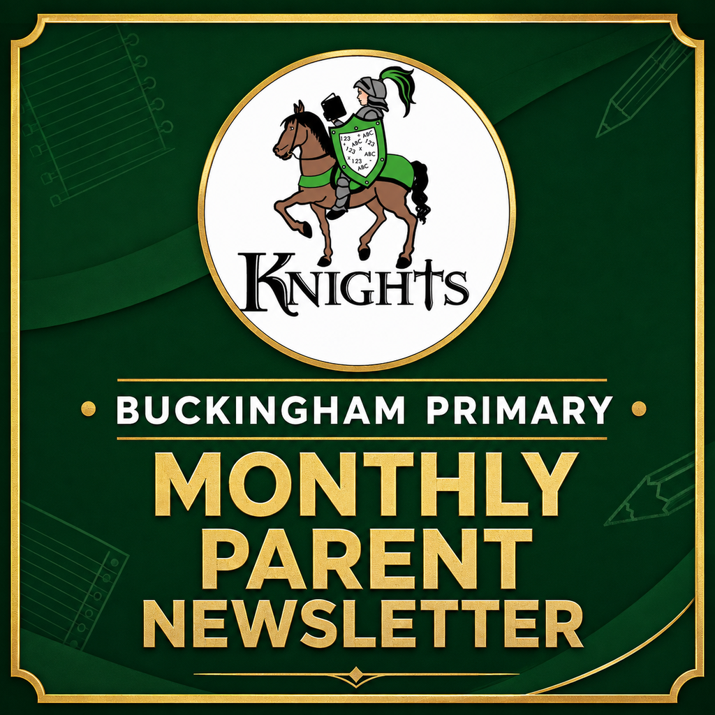 BP Knight logo on green background - Buckingham Primary Monthly Parent Newsletter