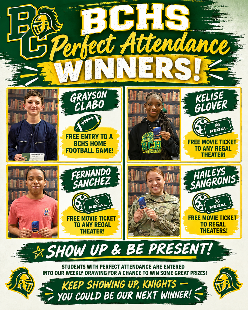 BCHS Perfect Attendance Winners flyer with pictures of all the winners and their prizes - All information in the flyer is in the text of the post.
