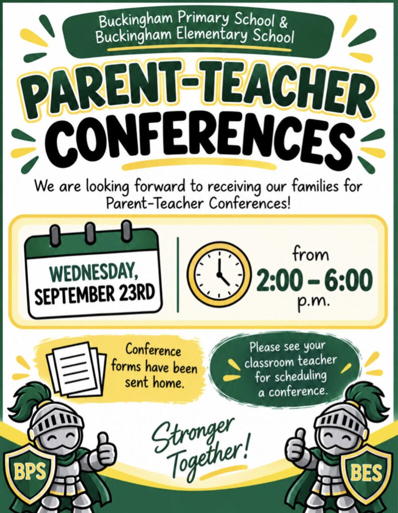BPS and BES parent teacher conferences flyer with the date adn time listed (Wednesday, Sept. 23 from 2:00 to 6:00 PM)