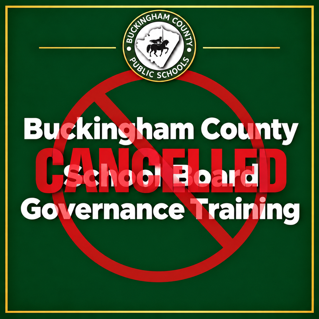 Buckingham County School Board Governance Training  with red cancelled circle over the text