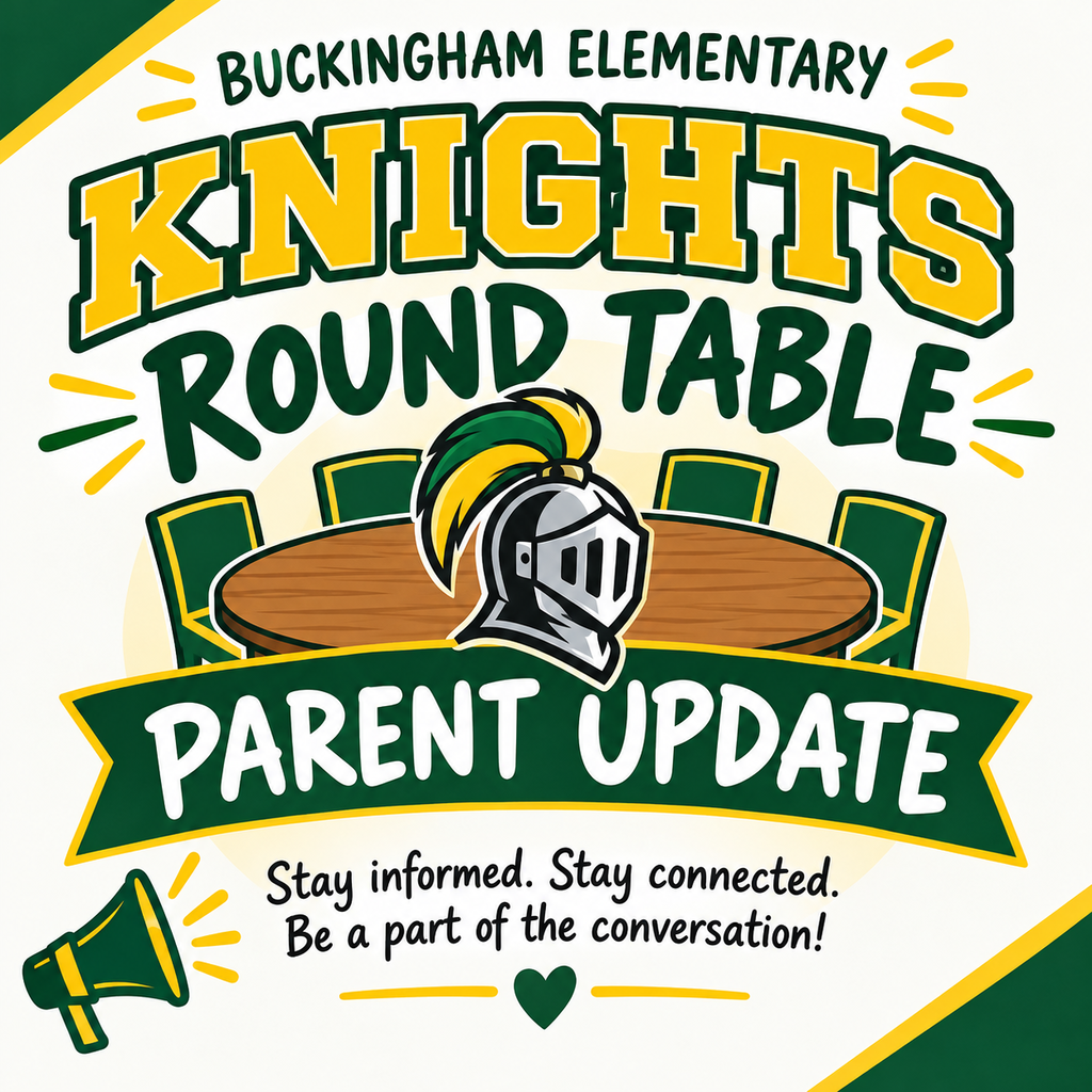BE Knights Round Table Parent Update Logo in green and gold with a knight and a megaphone over a round table.