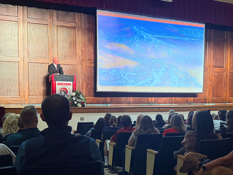 Bob Britton addressing Staff and Community Partners at Convocation.
