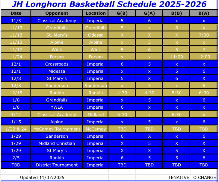 jh basketball Schedule. 2025-2026