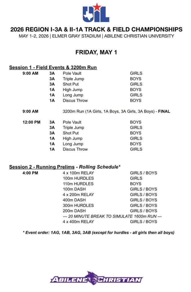 Regional Track Schedule Friday