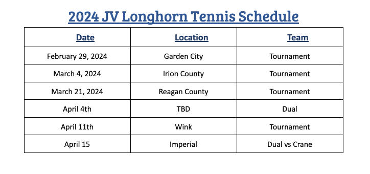 JV Tennis Schedule