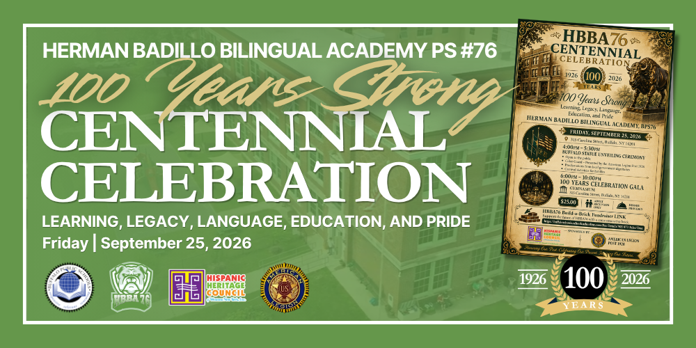 Banner graphic for Herman Badillo Bilingual Academy PS #76 advertising a “100 Years Strong Centennial Celebration.” The design features large white and yellow text over a blue background with a faint school image. Event details read “Learning, Legacy, Language, Education, and Pride” and “Friday, September 25, 2026.” On the right side, a vintage-style flyer highlights the 1926–2026 centennial with event schedule information and a gala. School and partner logos appear along the bottom.