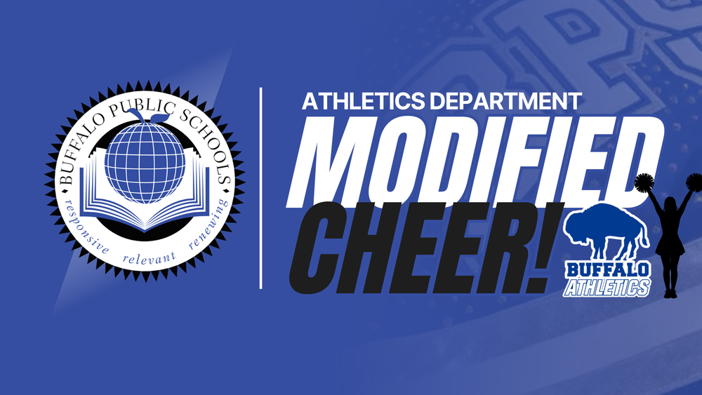 A picture of BPS Logo, Athletics Logo and text that read Modified Cheer  with a picture  of a uniform in the background.