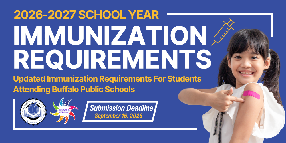 Picture of Girl pointing to a Bandage on her arm: 2026-2027 School Year Immunization Requirements  September 16. 2026 Submission Deadline Updated Immunization Requirements For Students Attending Buffalo Public Schools