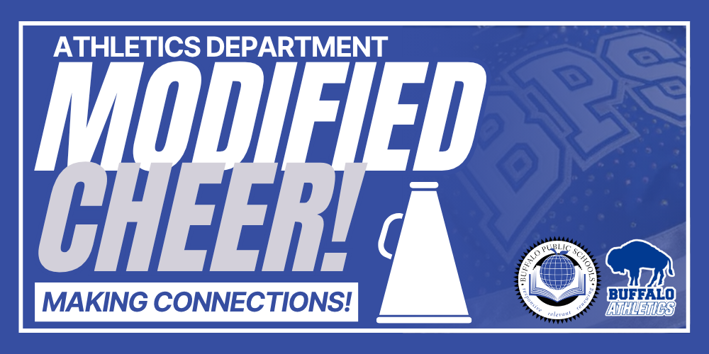 A picture of BPS Logo, Athletics Logo and text that read Modified Cheer with a picture of a uniform in the background.